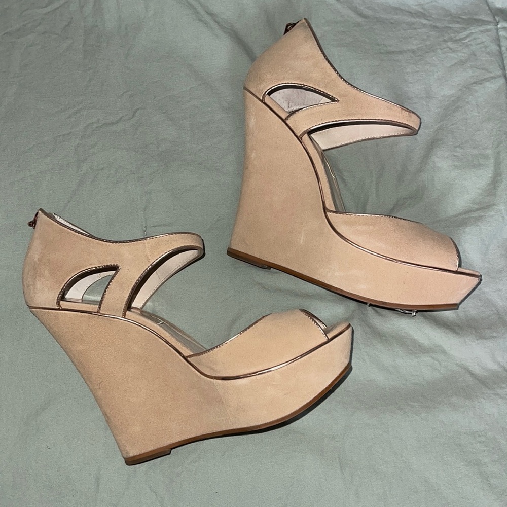 Michael Kors Nude Tan Suede Wedge Sandals